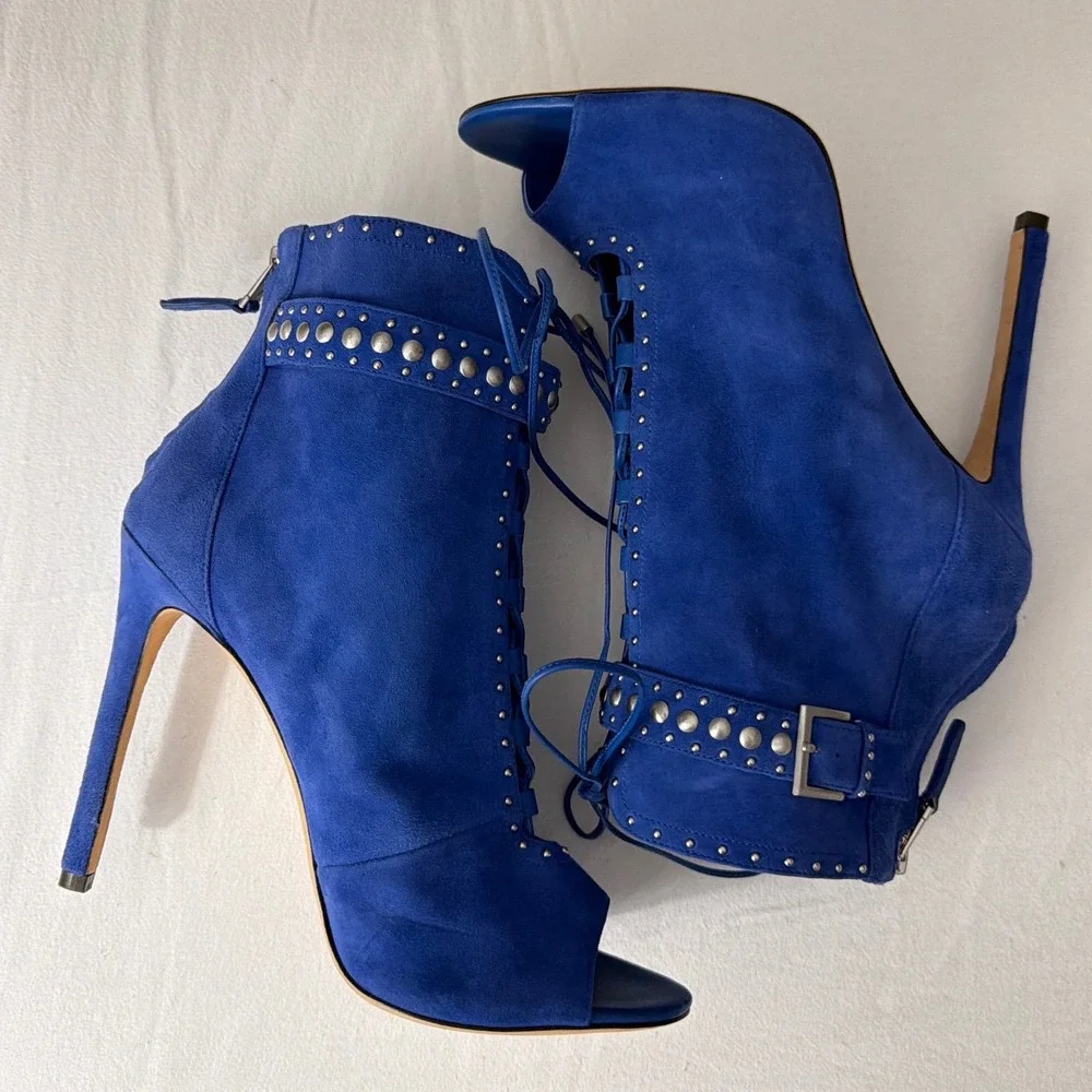 Brian Atwood Blue Suede Studded Lace Up Open Toe Ankle Boots 10 Stiletto Heel